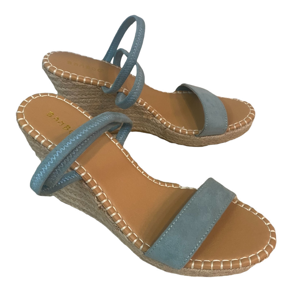 Wedge Espadrille Ankle Strap Sandals Aqua Faux Suede Womens Sz 10 Bamboo
